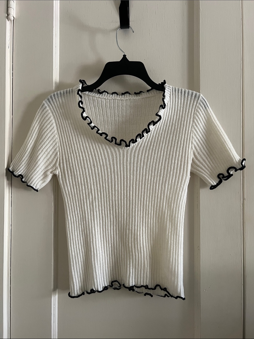 Ribbed Short-Sleeve Tee with Ruffled Trim